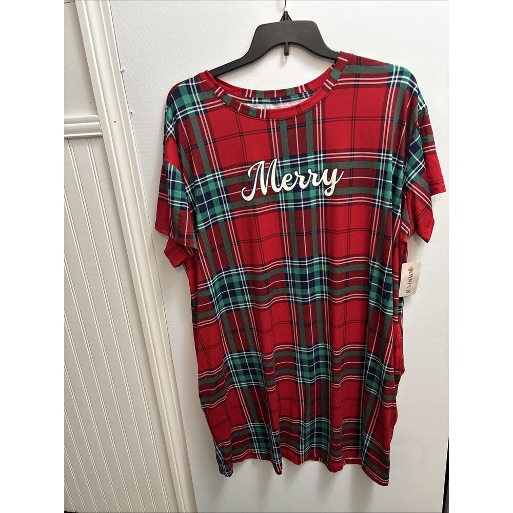 JoySpun Women Christmas Size 2X-3X Merry Plaid Red Green Nightgown Pockets NWT